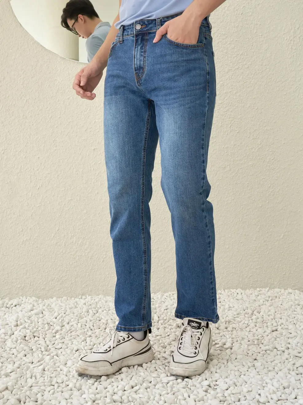 Quần jean nam Regular cotton giặt mài - Xanh đậm - 28