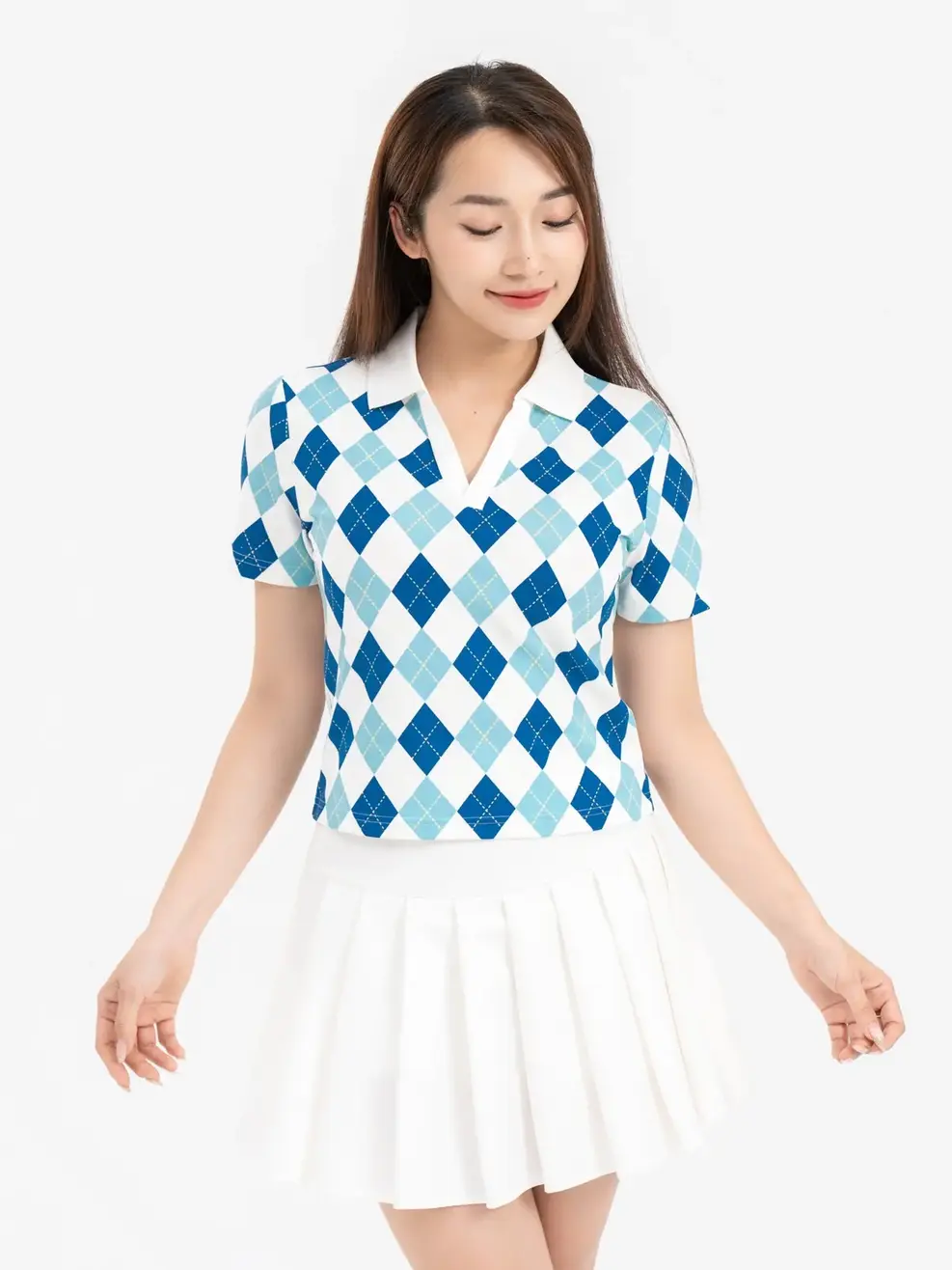 Áo Polo Nữ Mắt Chim In Quả Trám - Xanh đậm - S