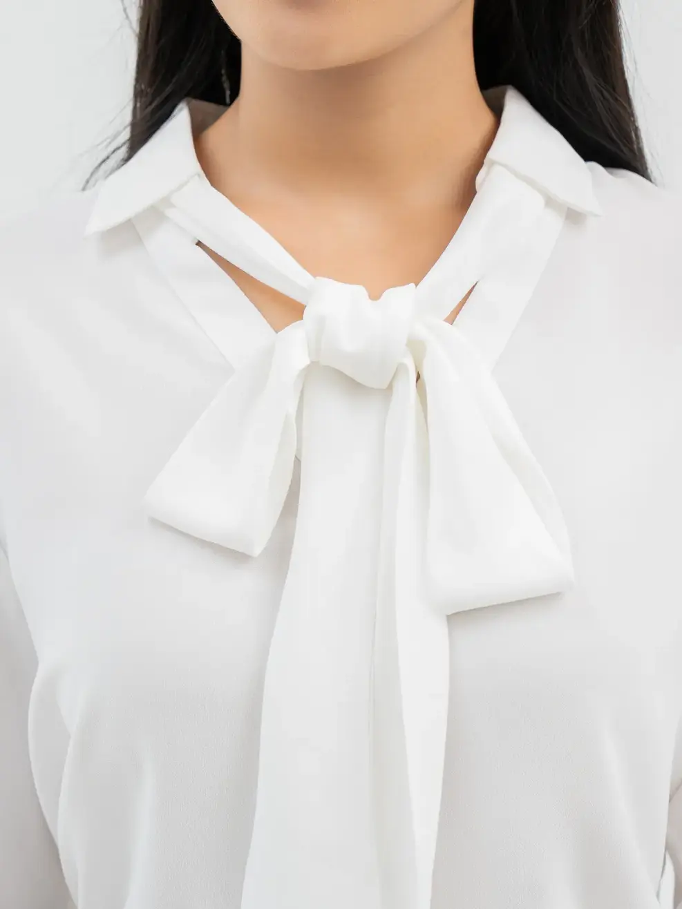   Áo Sơ Mi Tay Dài Nữ Suông Kèm Nơ - Trắng - S