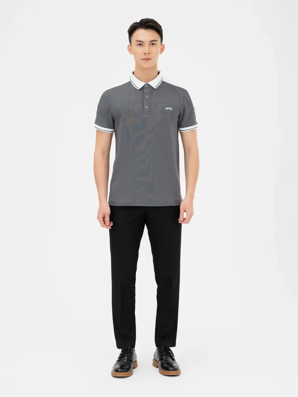 Polo Nam Cafe Dệt Tổ Ong Phối Tay - Ghi trắng - M