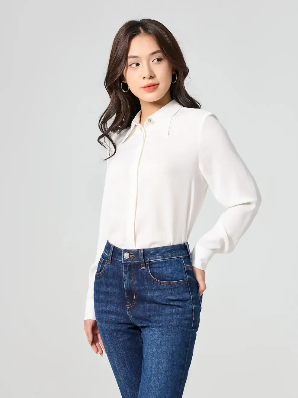 Áo Sơ Mi Tay Dài Nữ Nẹp Dấu Khuy Cơ Bản - Trắng - M