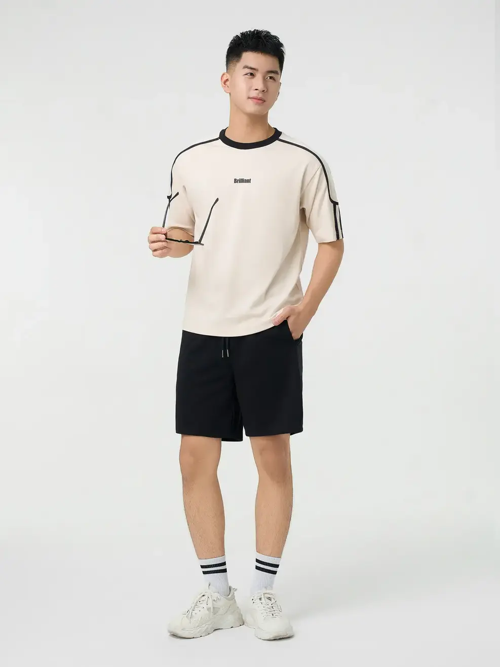 Bộ Đồ Nam Phối Dây Dệt In Chữ Ngực - Be 006 - L