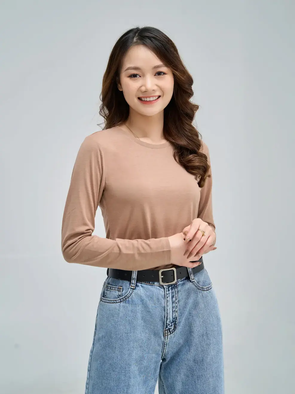 Áo giữ nhiệt nữ cổ tròn - Nâu - S