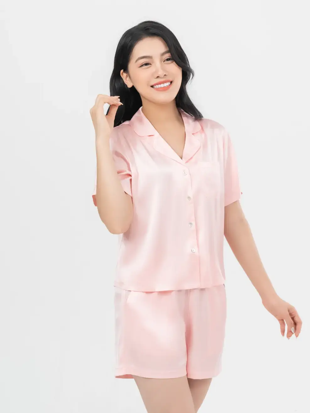 Pijama Ngắn Lụa Satin - Hồng - S