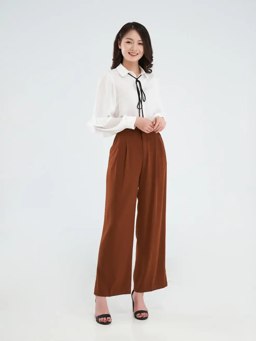 Quần suông mềm xẻ gấu cạp cao - Nâu - L