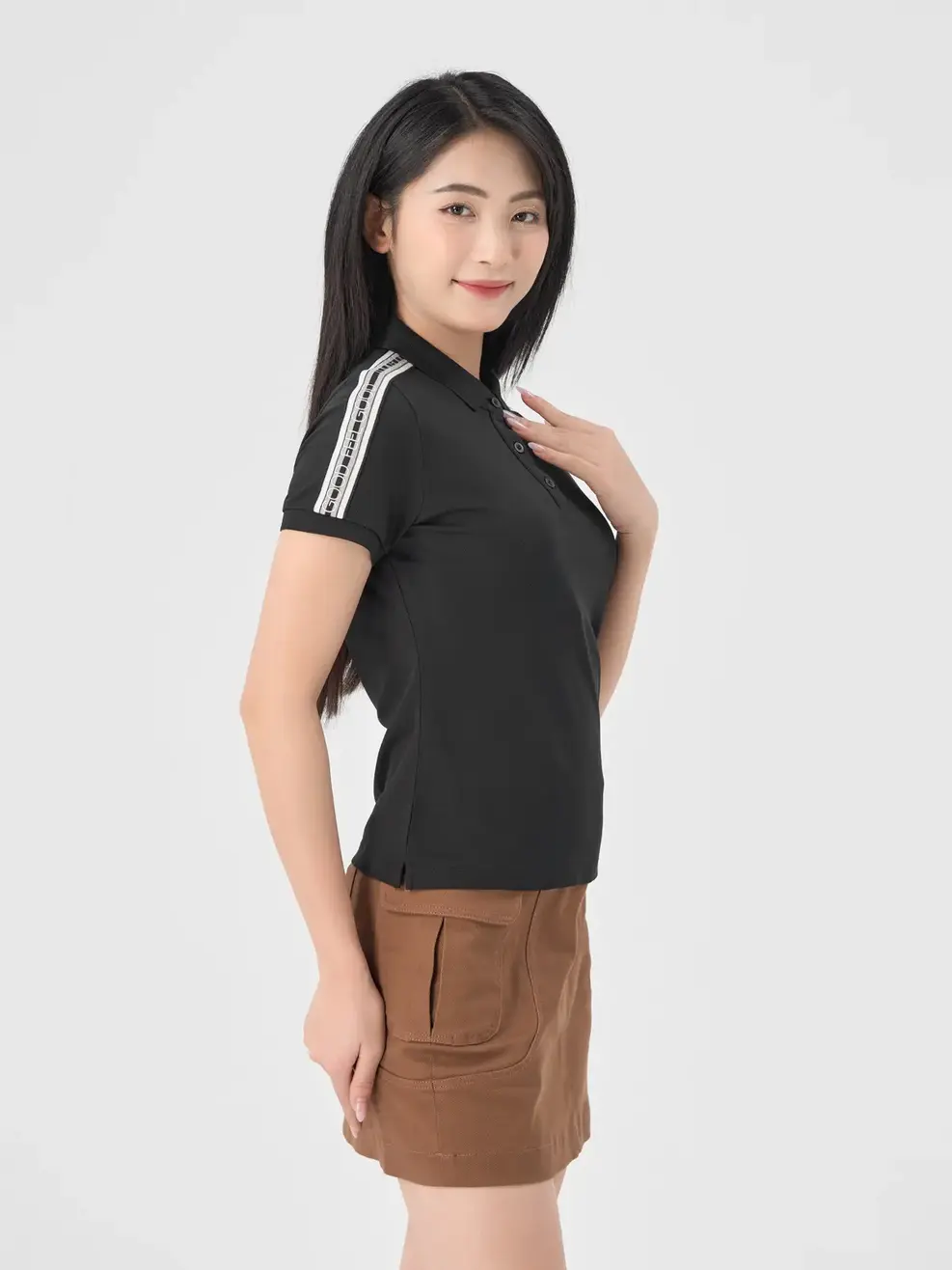 Polo Nữ Cafe Dệt Tổ Ong Phối Dây Dệt - Đen - S