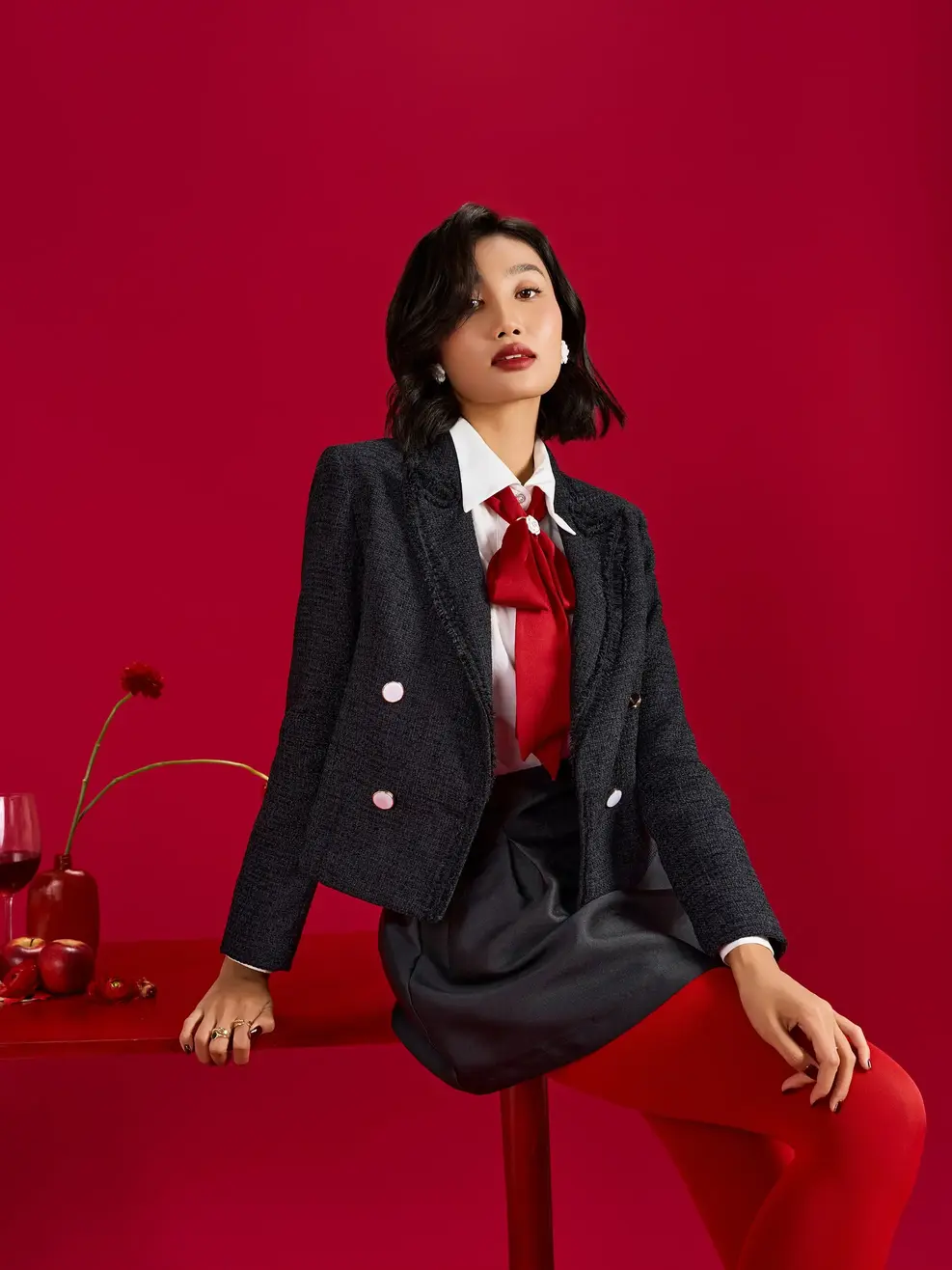 Áo Khoác Nữ Dạ Tweed Cổ Vest  - Đen - S