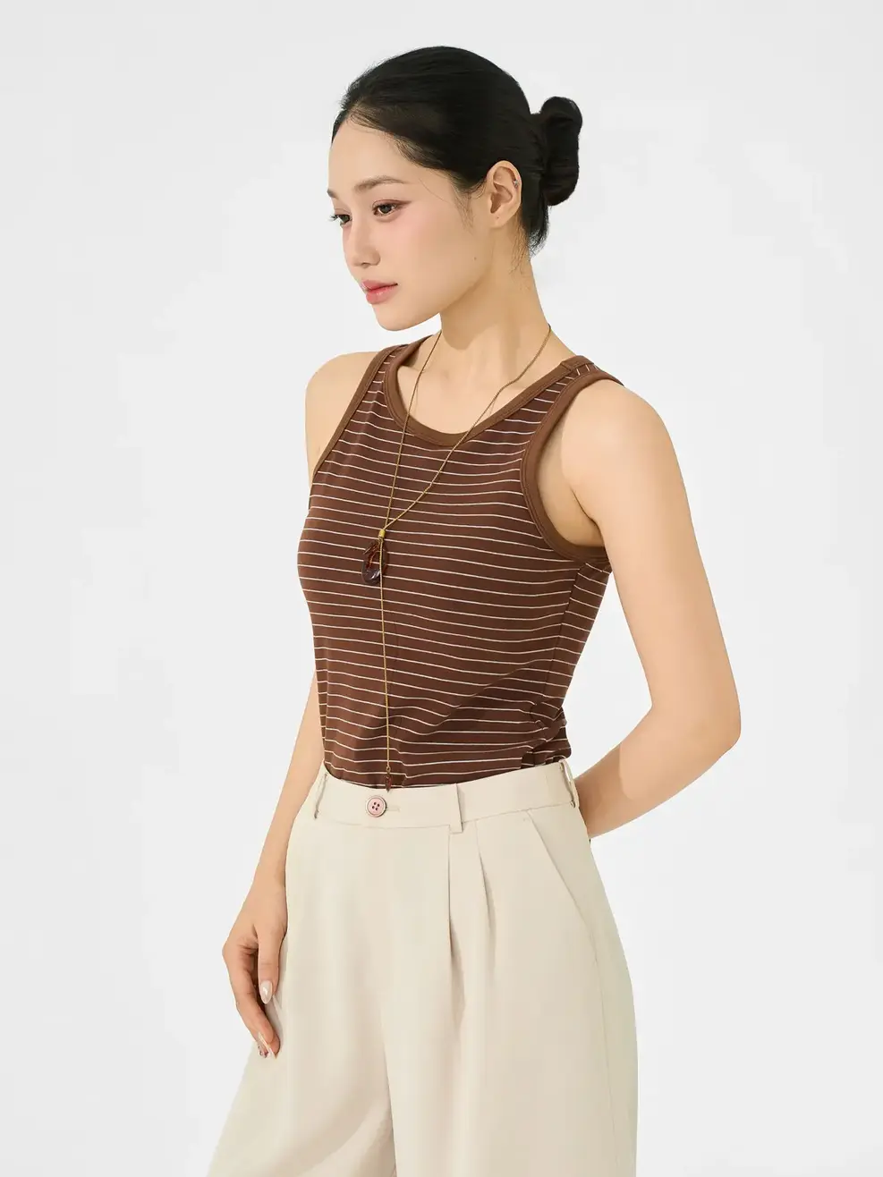 Áo Ba Lỗ Nữ Đệm Ngực Liền - Kẻ Nâu 128 - S