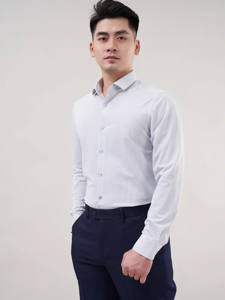 Sơ mi Knit nhật kẻ dài tay - Kẻ tím than nhỏ - XL