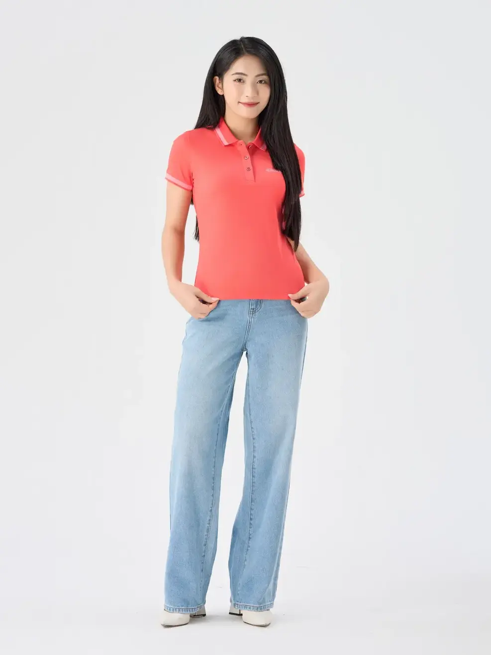 Polo Nữ Cafe Dệt Tổ Ong In Ngực - Hồng cam - S