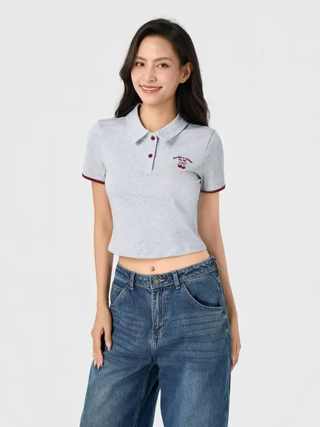 Áo Polo Nữ Crop Top Thêu Cherry