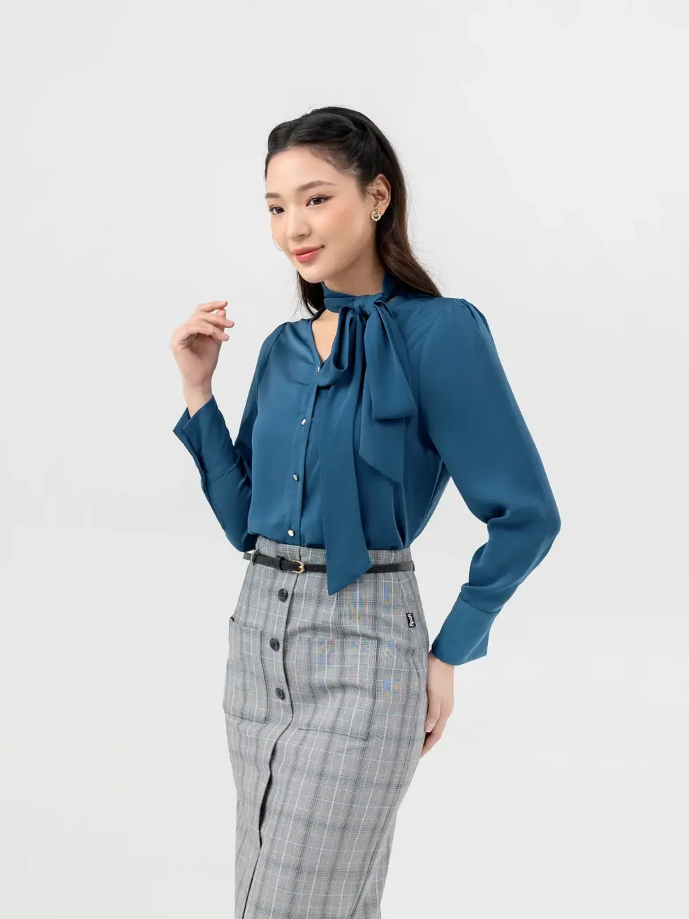 Sơ Mi Dài Tay Nữ Thắt Nơ Lệch - Xanh cổ vịt - S