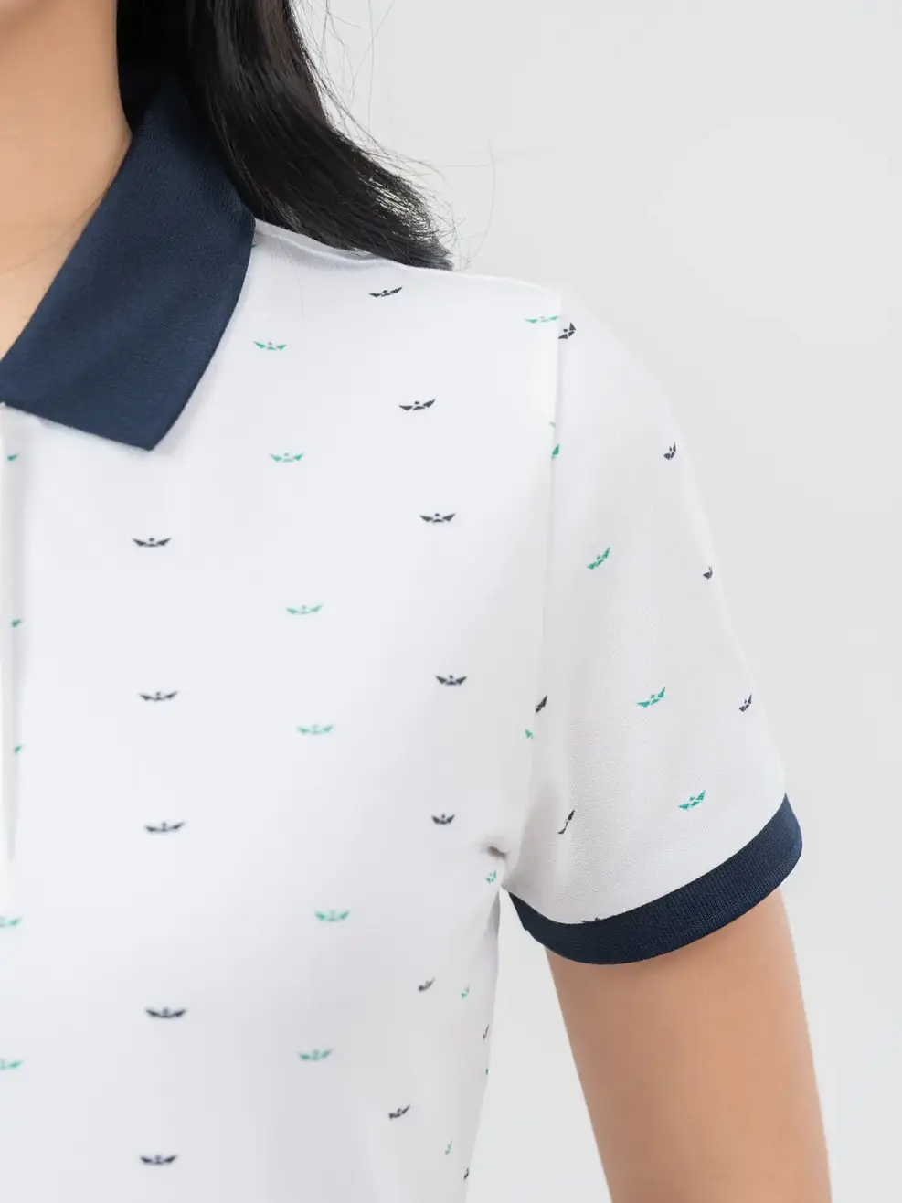 Áo Polo Nữ Mắt Chim In Thuyền Phối Màu - Trắng - S