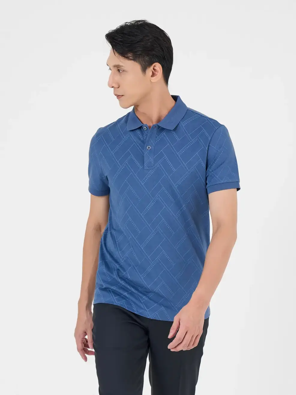 Áo Polo Nam Mắt Chim Hoạ Tiết Tràn Thân - Xanh xám - M