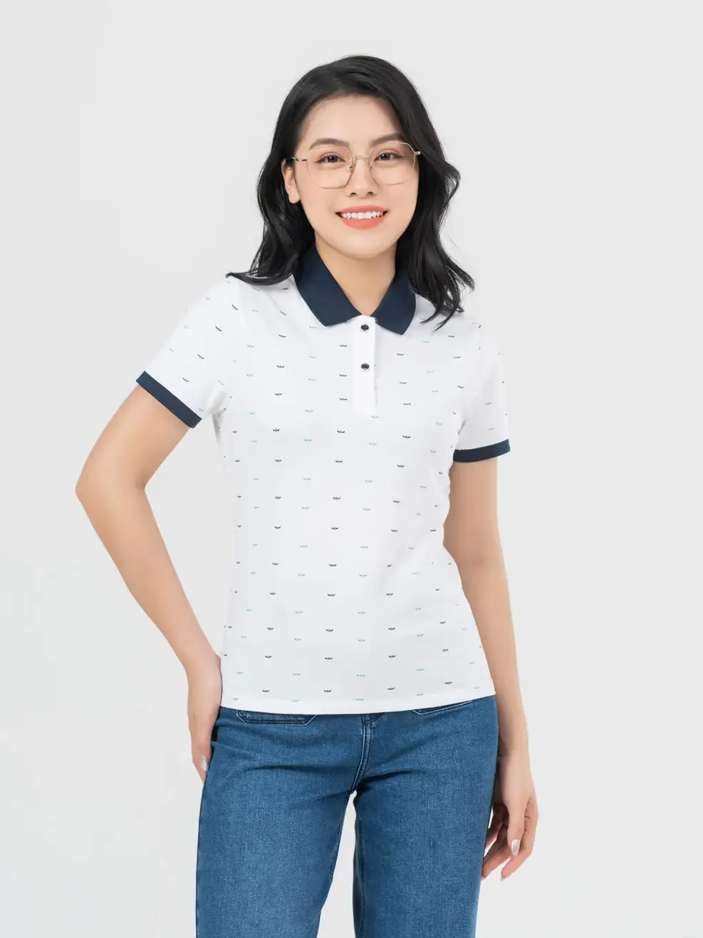 Áo Polo Nữ Mắt Chim In Thuyền Phối Màu - Trắng - S