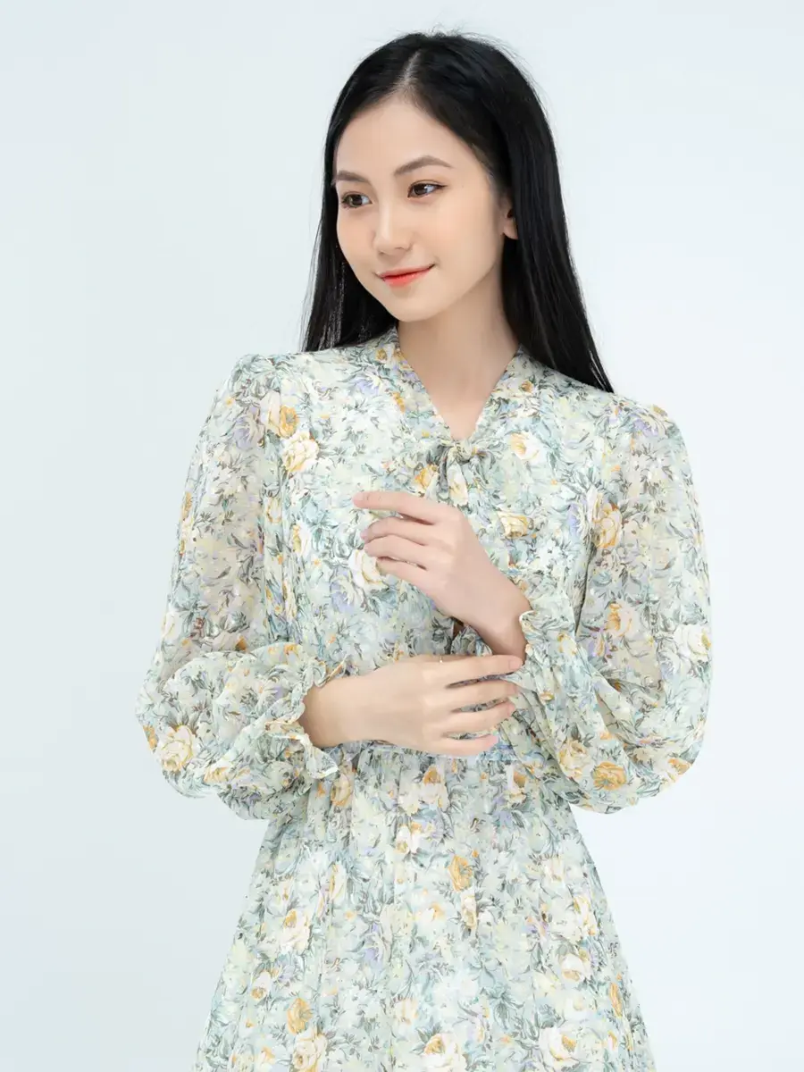 Đầm hoa nhí cổ buộc nơ - Xanh - S
