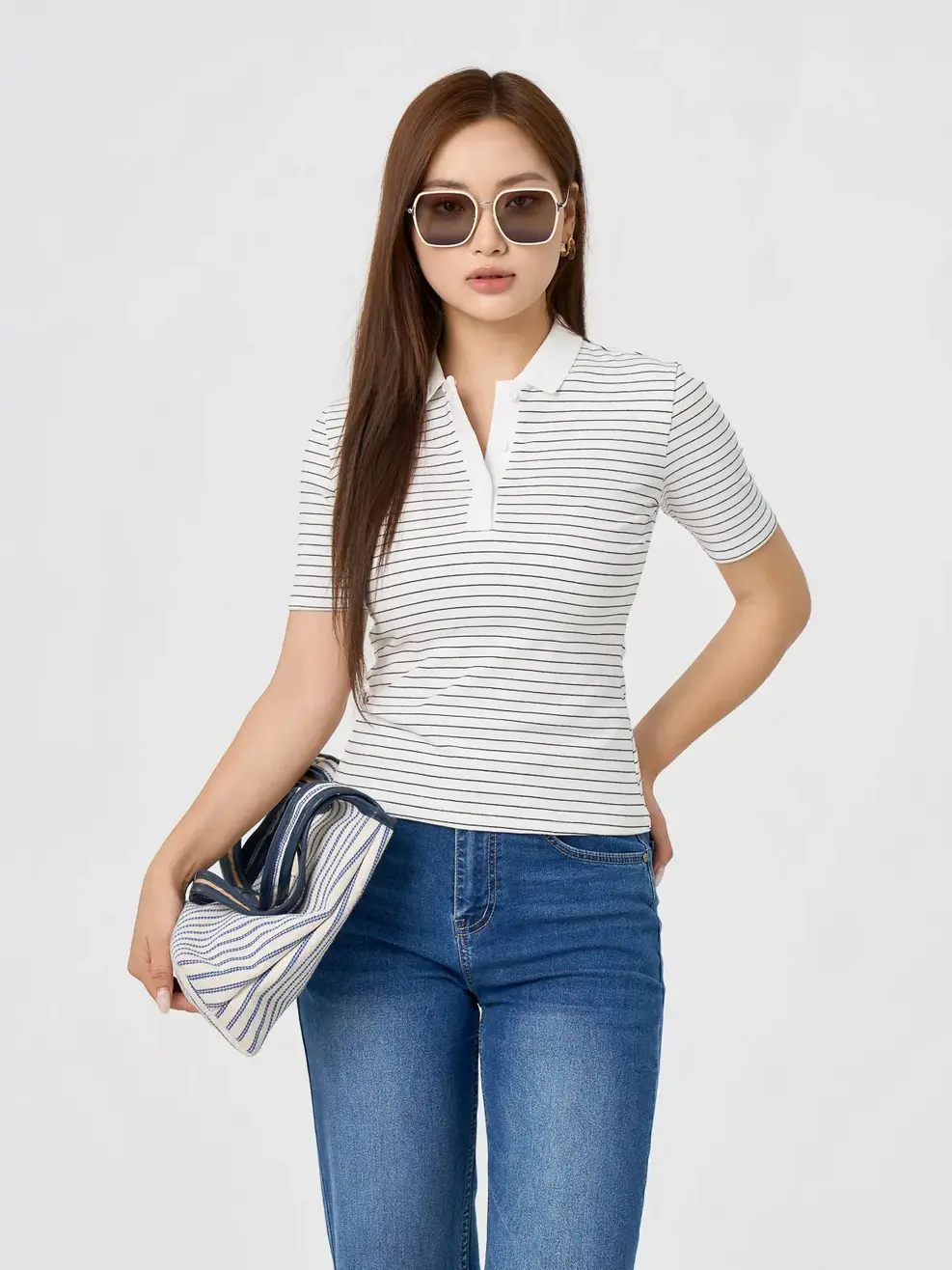 Áo Polo Nữ Kẻ Phối Bo Cổ - TRẮNG KẺ 1 - XS