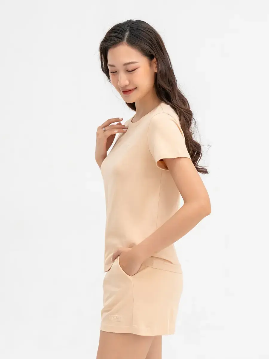 Đồ Bộ Nữ Quần Sooc Thêu Logo Cotton Usa - Be - S