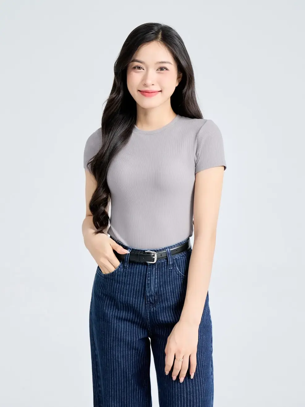 T-shirt Nữ Slimfit Thun Rib Tăm Nhỏ - Ghi - M