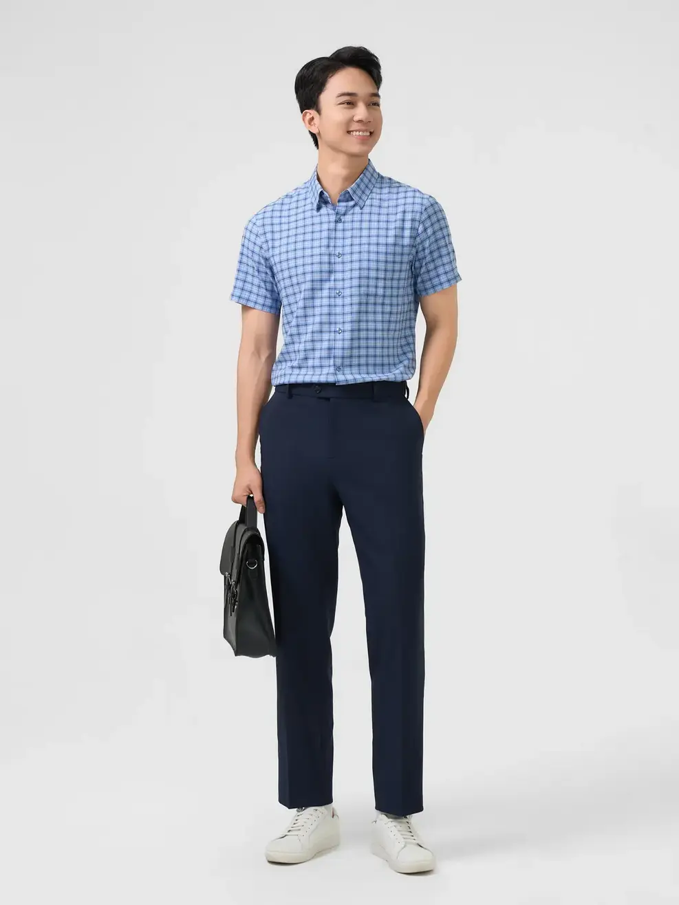 Sơ Mi Cộc Tay Nam Nano Kẻ Caro Túi Ngực - Xanh - M
