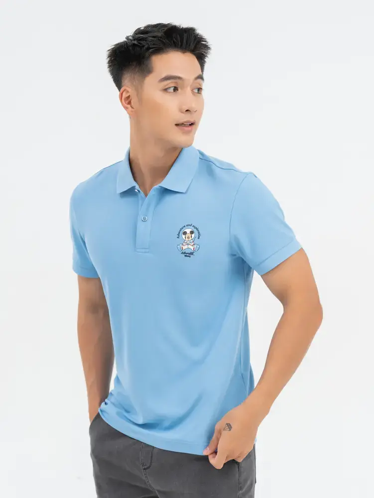 Polo Nam Cafe Dệt Tổ Ong Mickey In Ngực - Xanh lơ - M