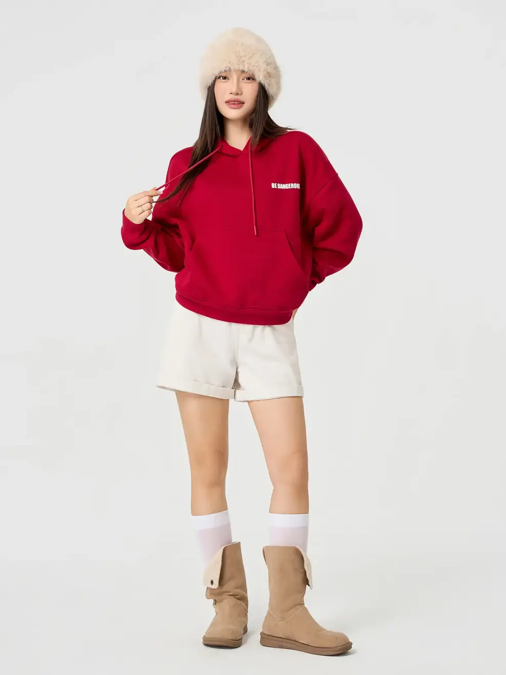 Áo Nỉ Mũ Nữ Nỉ Ép Lông In Chữ - Đỏ 026 - S