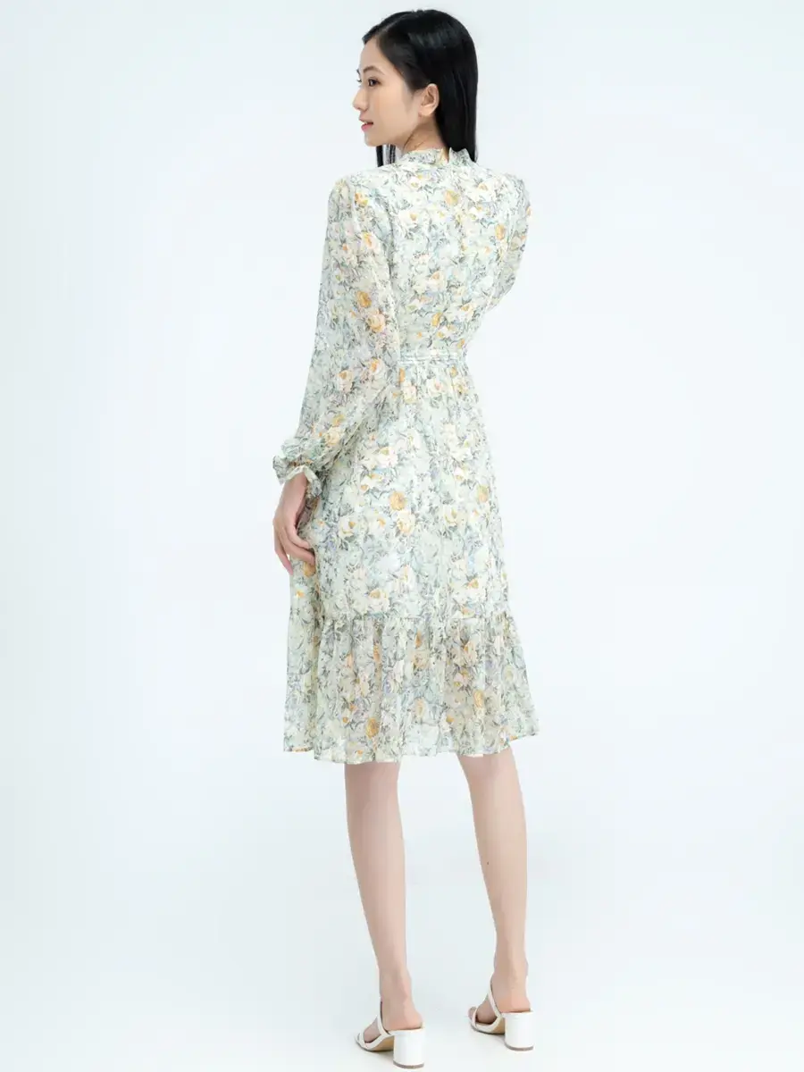 Đầm hoa nhí cổ buộc nơ - Xanh - S