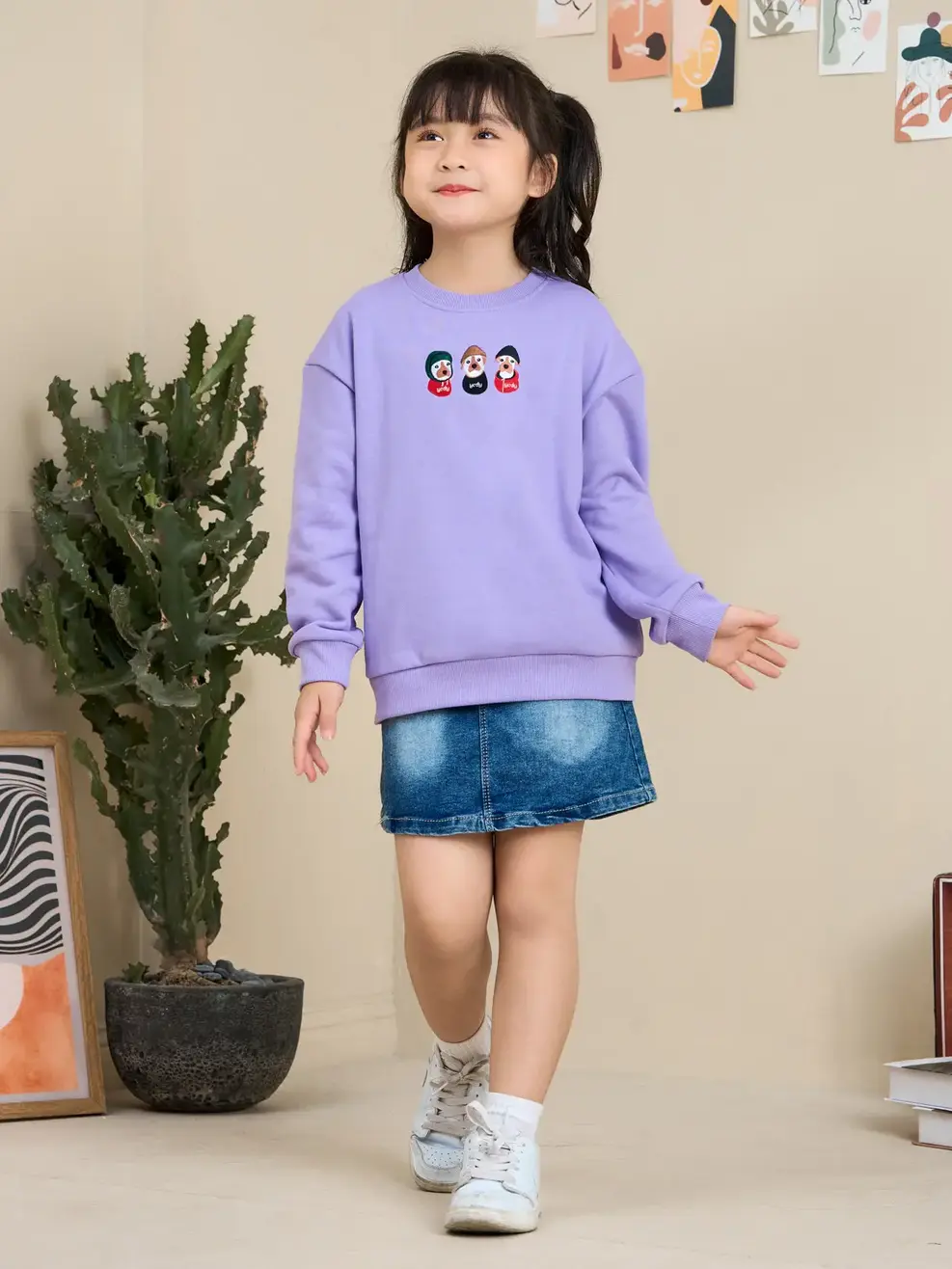 Áo nỉ trẻ em dáng rộng thêu cún - Tím cà - 4