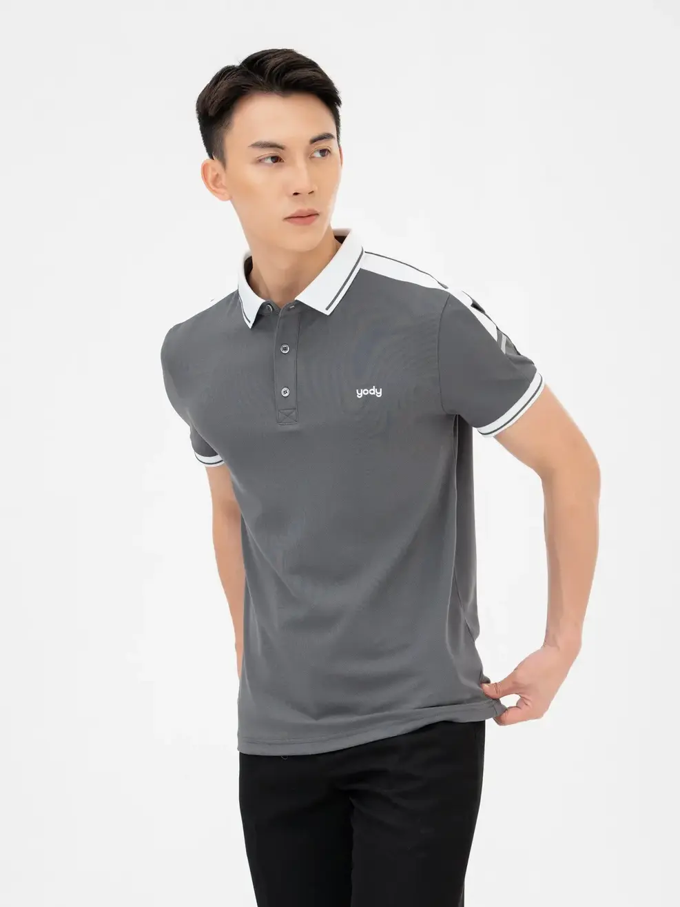 Polo Nam Cafe Dệt Tổ Ong Phối Tay - Ghi trắng - M