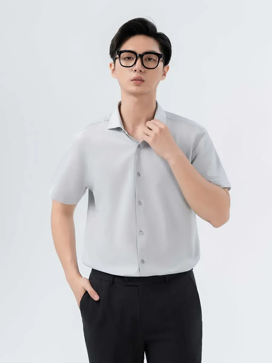 Sơ Mi Nam Cộc Tay Nano Phối Cổ - Ghi - M