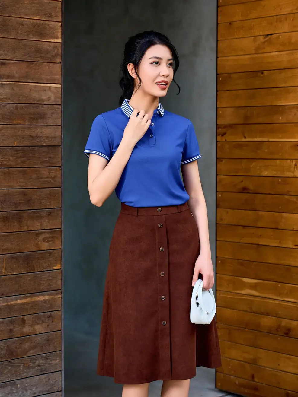 Áo Polo Nữ Airy Cafe bo kẻ to - Xanh coban - S