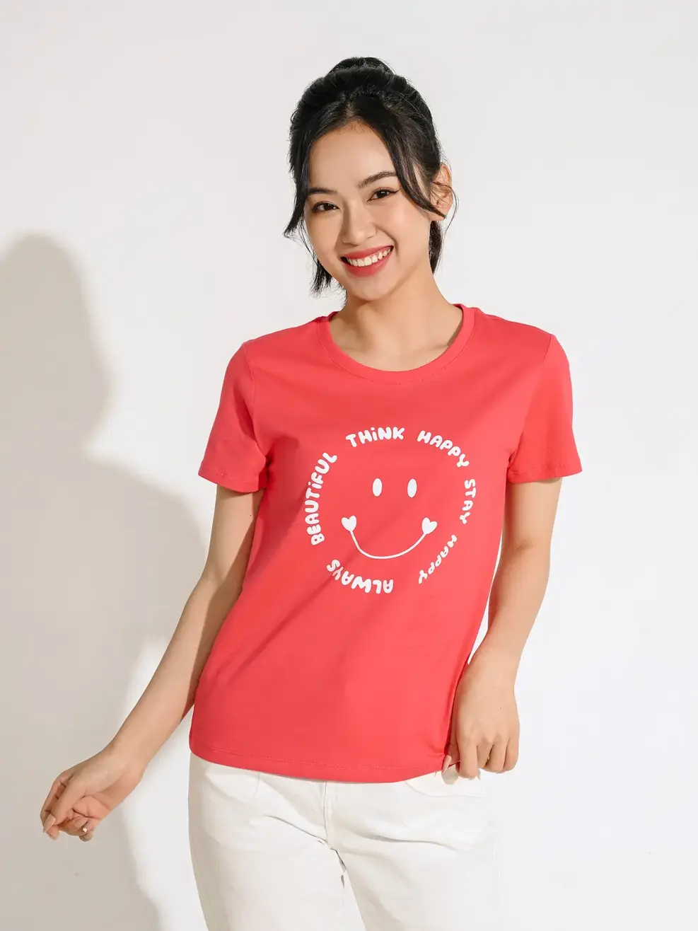 Áo Tshirt nữ in think happy - Hồng - S