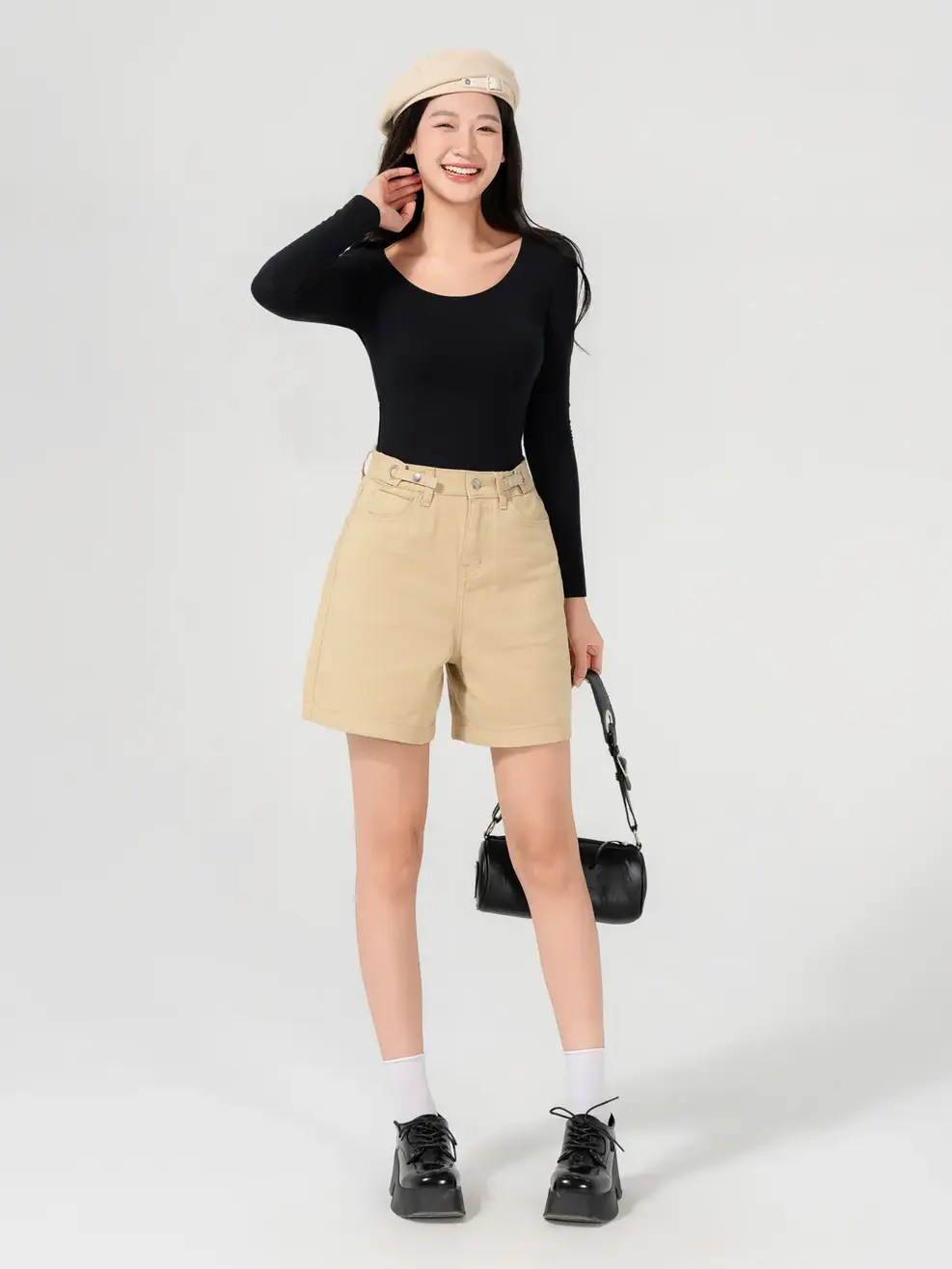 Quần Short Jeans Nữ Denimlike Cạp Cúc Điều Chỉnh - Nâu be - 25