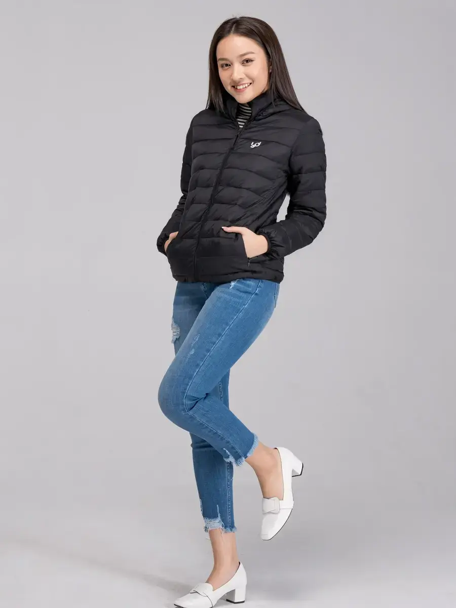 Áo phao nữ cơ bản có mũ - Đen - L