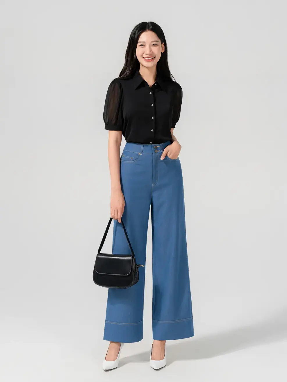 Quần Âu Nữ Suông Giả Denim Cá Tính - Xanh nhạt - S