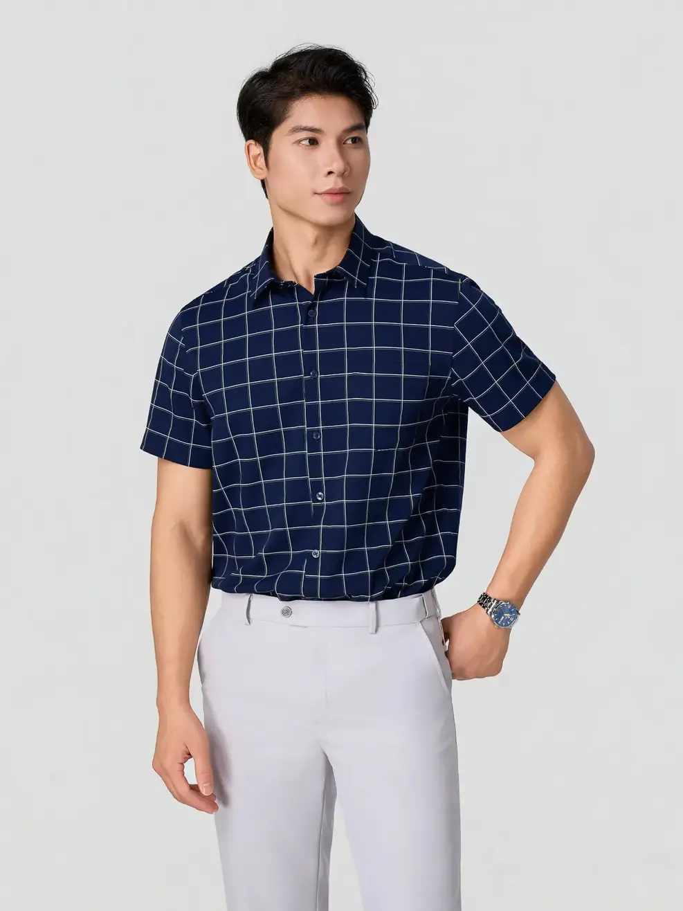 Áo Sơ-mi Ngắn Tay kẻ caro vạt ngang Regular - Kẻ Tím Than 126 - M