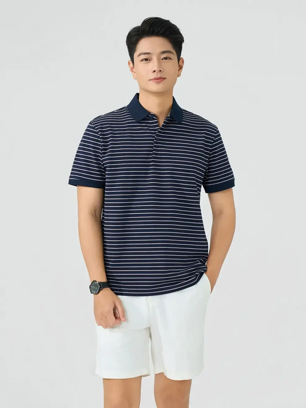 Áo Polo Nam Regular Họa Tiết Kẻ Ngang - Kẻ Tím Than 130 - M