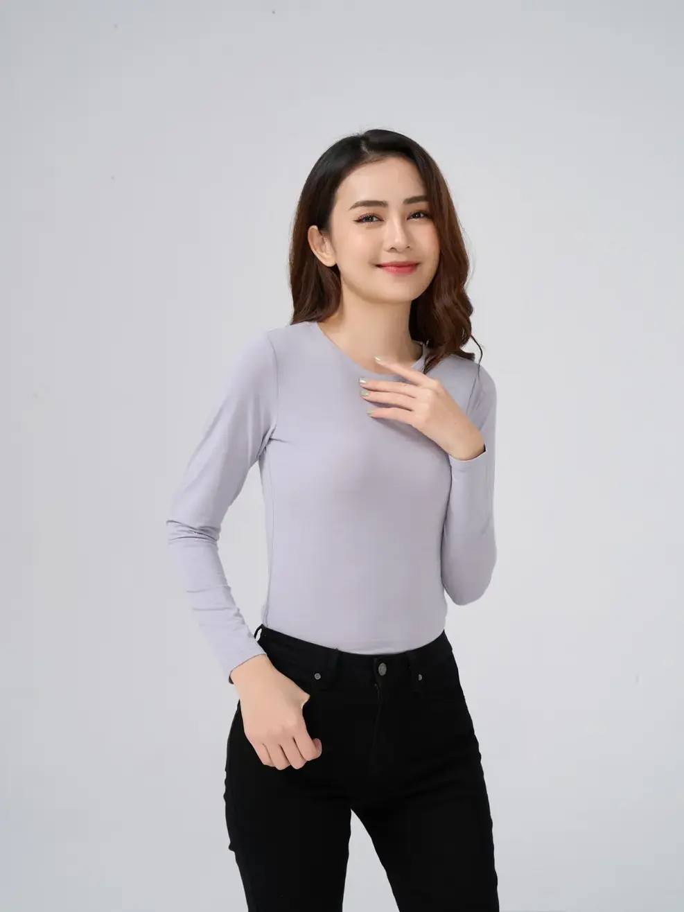 Áo giữ nhiệt nữ cổ tròn - Ghi - XL