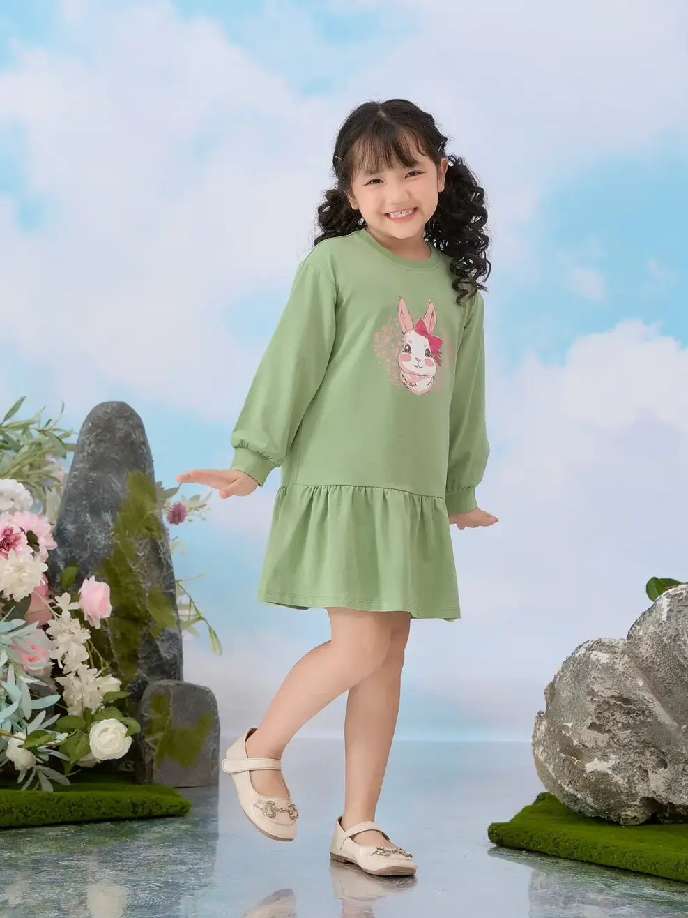 Đầm kid in thỏ - Xanh ngọc - 2