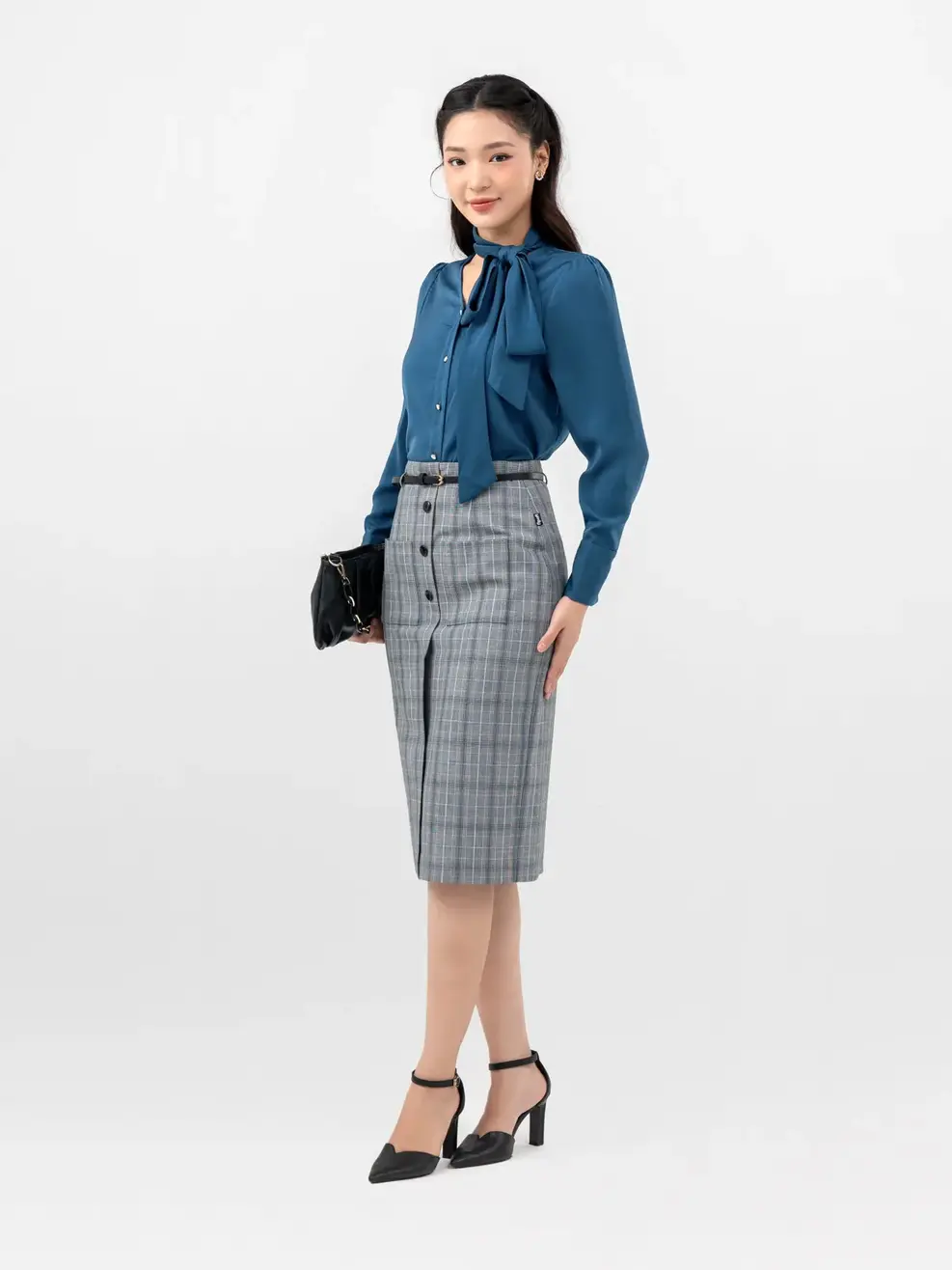 Chân Váy Nữ Dáng Đứng Túi Ốp - Kẻ Xanh - S