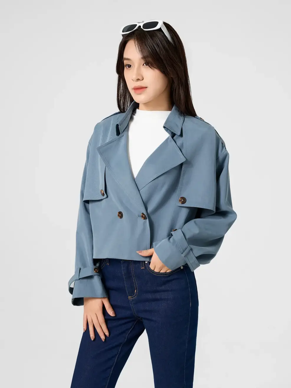 Áo Măng Tô Nữ Dáng Ngắn Chun Lưng Cạp - Xanh trời - S