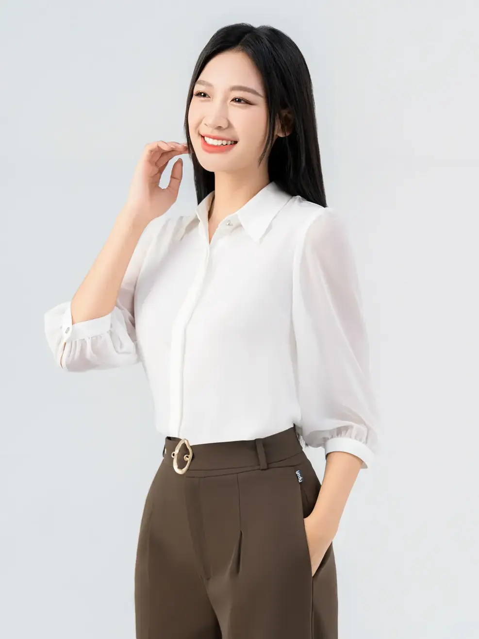 Áo Sơ Mi Tay Dài Nữ Cổ Đức Tay Phối Voan - Trắng - M