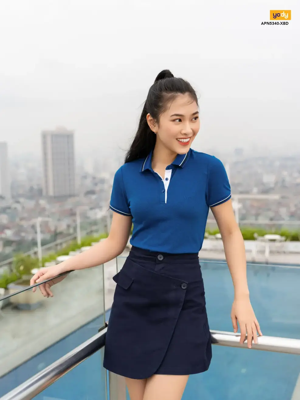 Polo nữ sợi xe phối nẹp - Xanh biển đậm - M