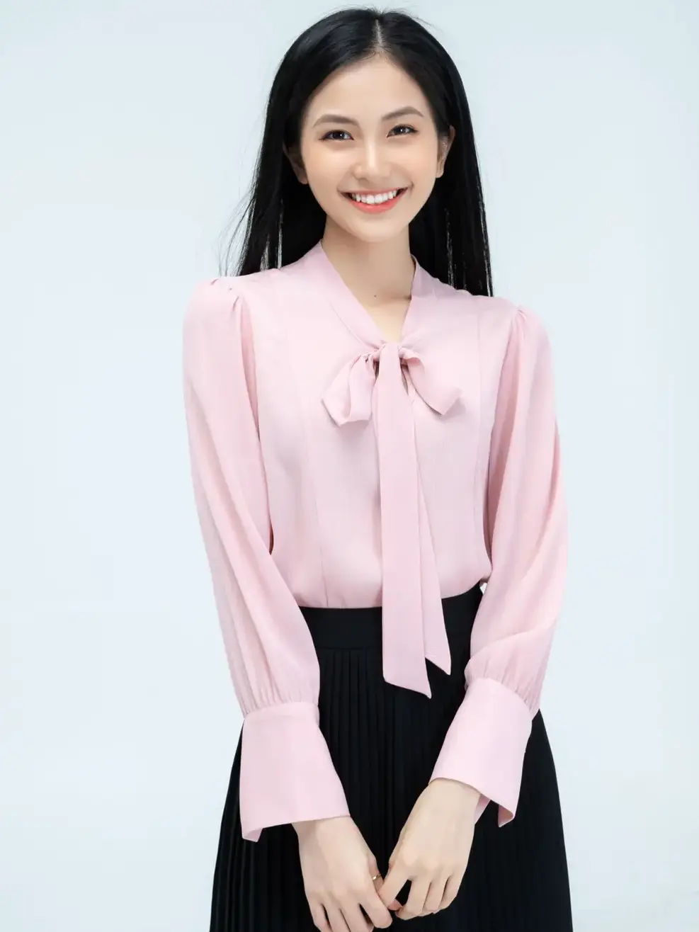 Sơ mi cổ nơ măng sec to bản - Hồng - S