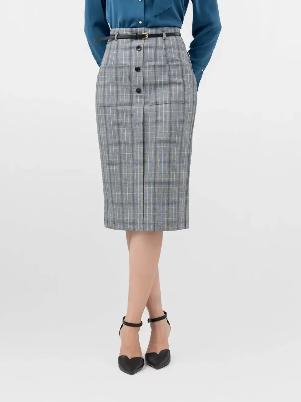 Chân Váy Nữ Dáng Đứng Túi Ốp - Kẻ Xanh - S