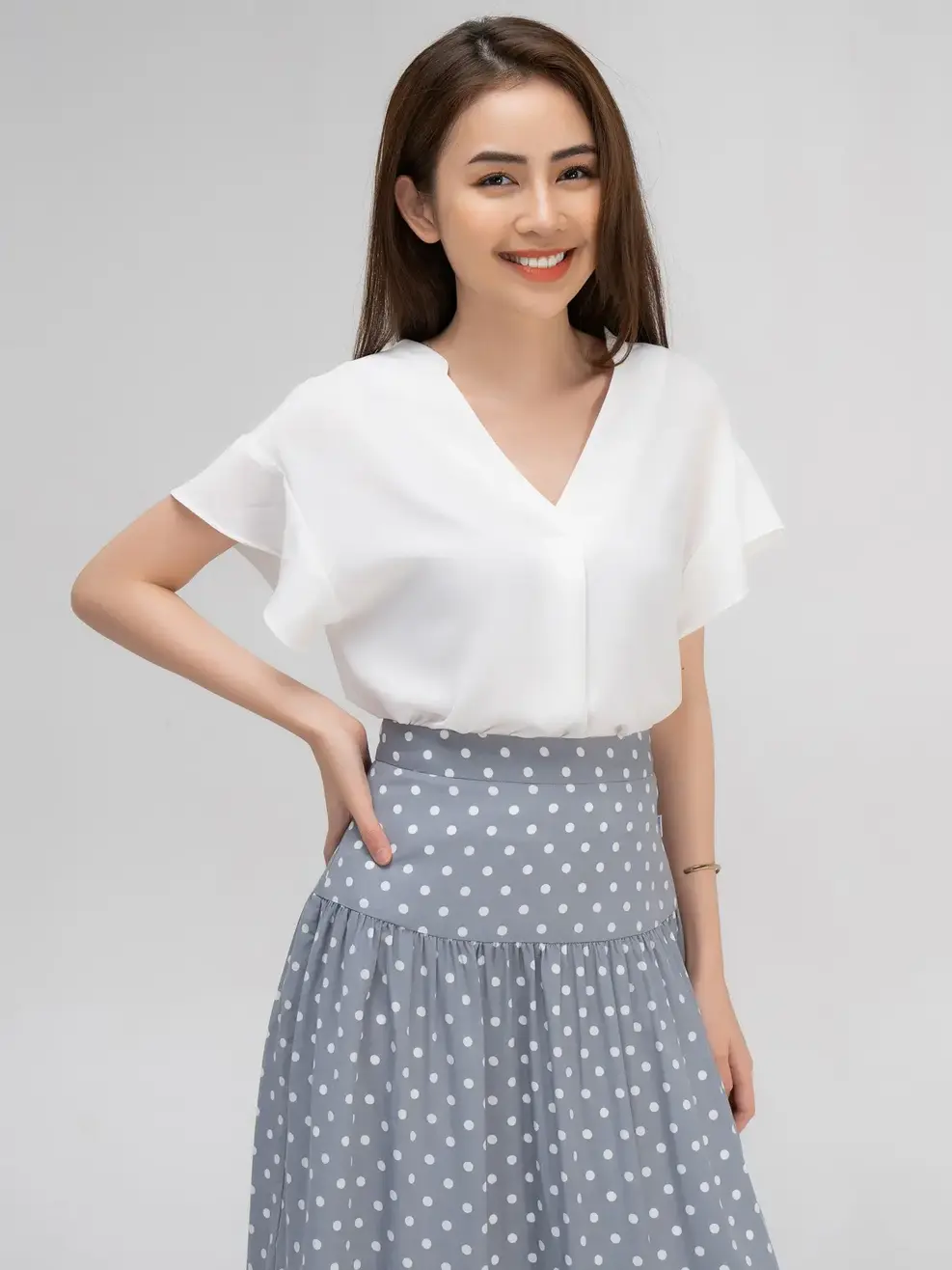 Sơ mi suông cổ tàu tay tiên - Trắng - M