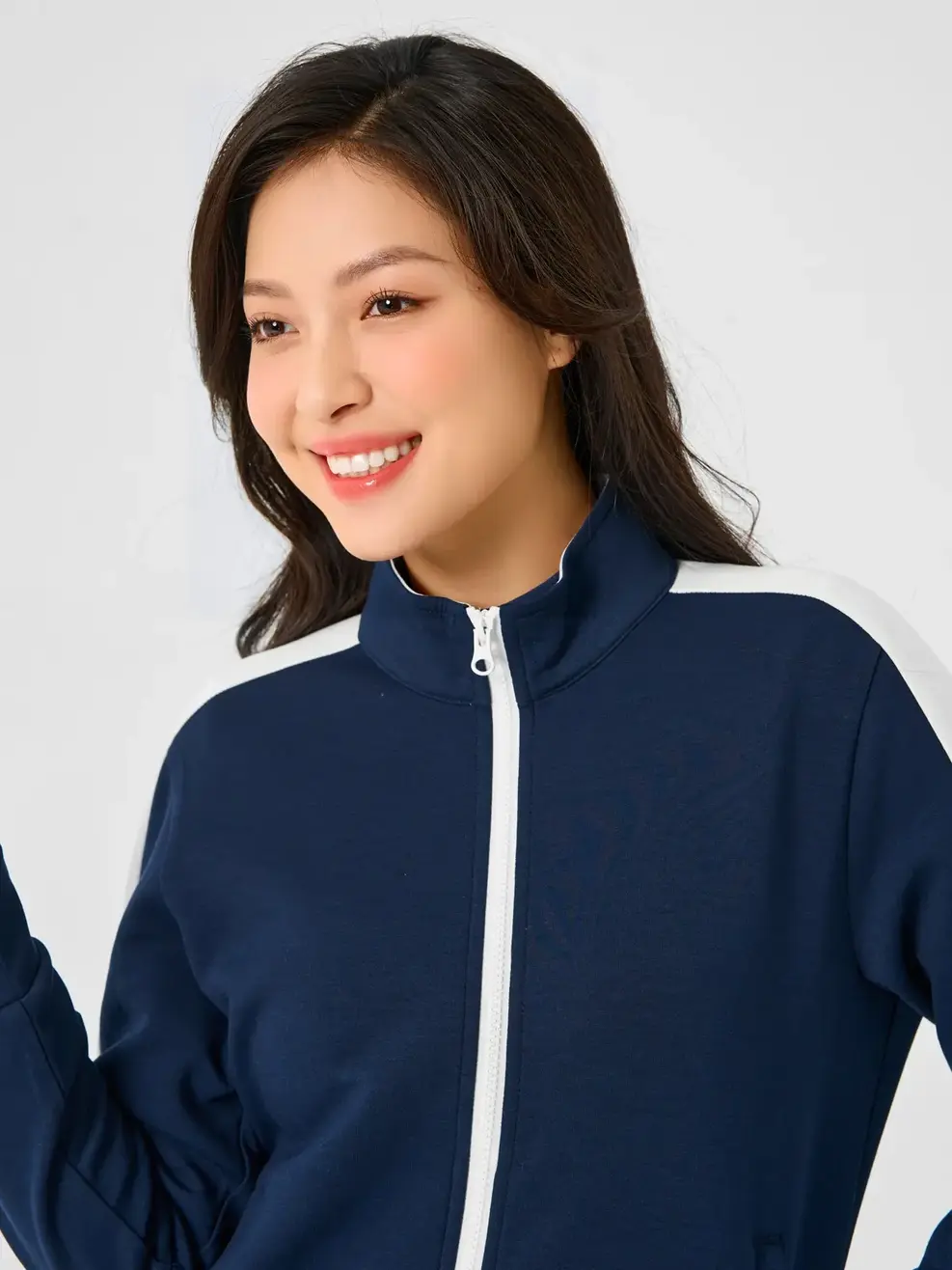 Áo Khoác Nỉ Thể Thao Nữ Cổ Dựng Phối Tay - Tím than - S