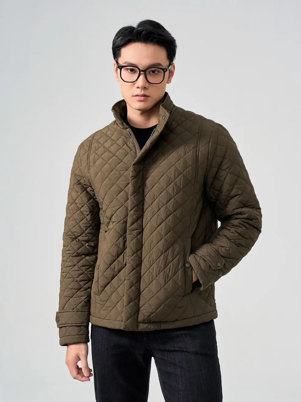 Áo Phao Nam Trần Trám Nẹp Giấu Khoá - Rêu - M