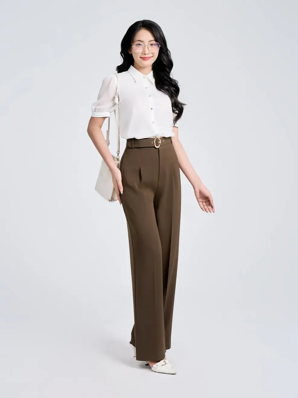 Áo Sơ Mi Tay Ngắn Nữ Tay Phối Tơ Bồng - Trắng - M