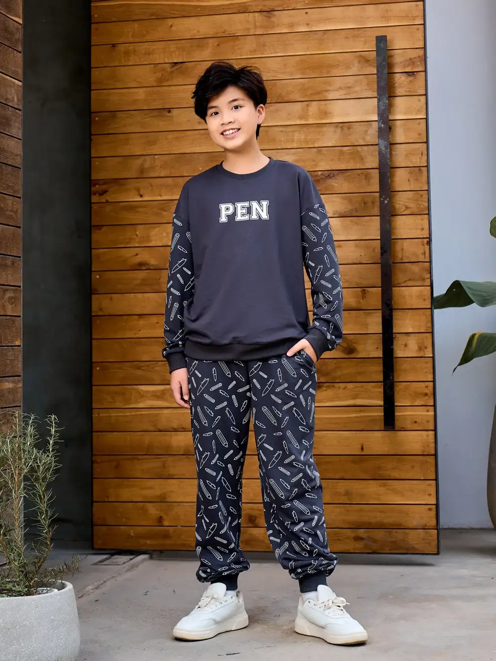 Bộ đồ kid lớn in Pen - Ghi - 14